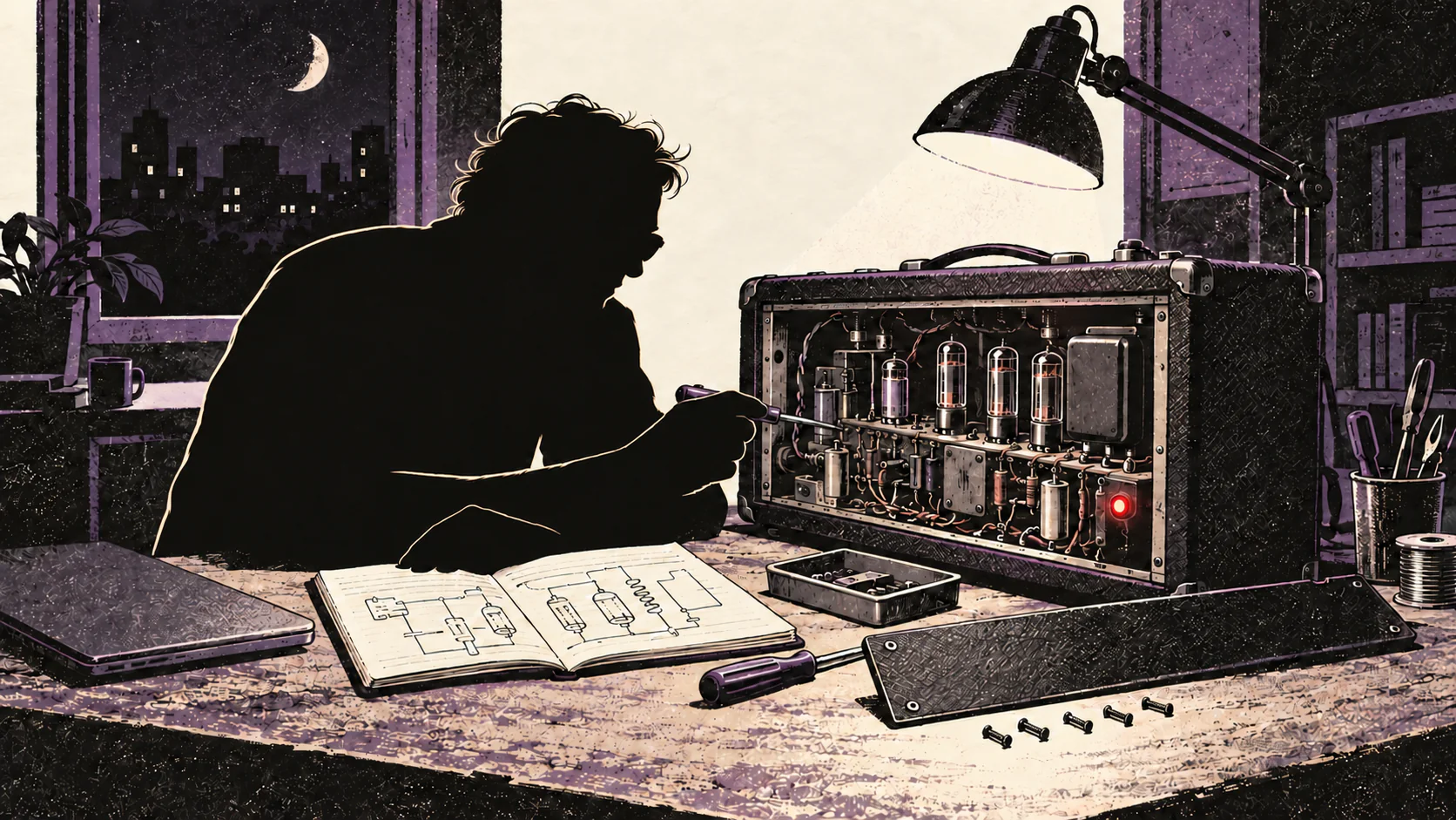 Late at night, a silhouetted figure works on the open circuitry of a guitar amplifier whose power light is still on, its screws lined up beside it.