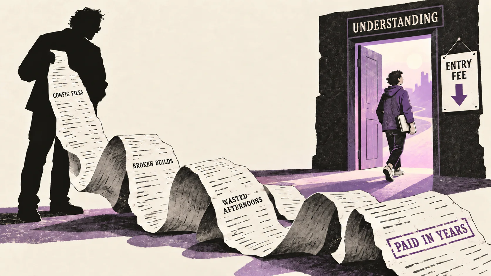 A silhouetted figure holds a long receipt marked Paid in years while someone younger enters a doorway with a reduced entry fee.
