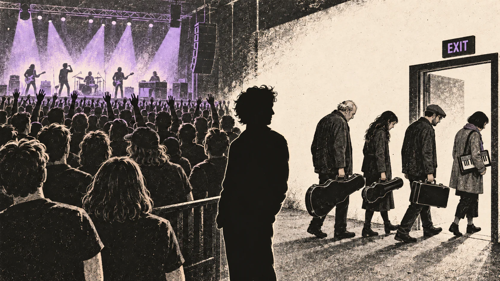 At a concert, people carrying instrument cases file out through an exit while the crowd watches the band; one silhouetted figure turns to watch them leave.