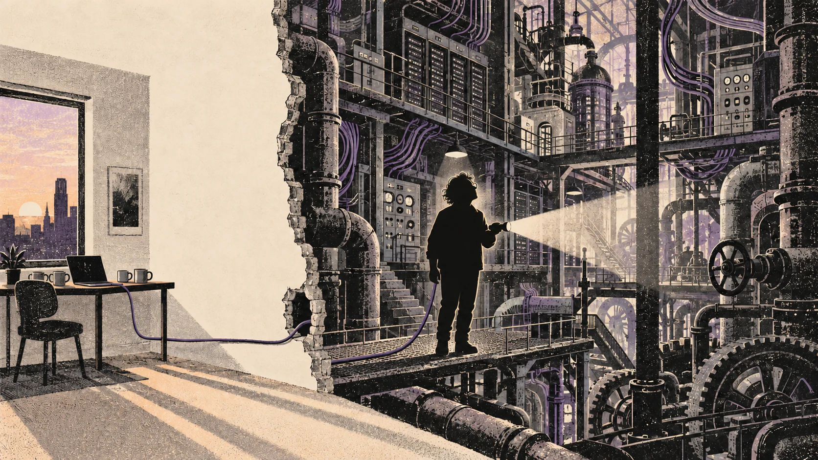 A silhouetted figure follows a purple cable from a laptop through a hole in the wall into a vast hidden machine, lighting it with a torch.